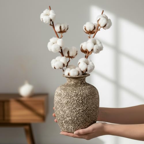 Brown Ceramic Vase - 7 Inch Rustic Textured Vase for Flower, Terracotta Farmhouse Vases for Home Decor, Coffee Table, Artificial Branches, Night Stand Decor - color: Rustic Brown