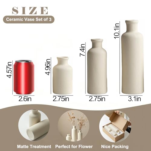 Modern Ceramic Vase Set of 3, Beige Colors, Decorative Bottles for Home, Farmhouse Rustic Decor, Housewarming Gifts, Wedding Gifts, Bridal Shower Gifts, Birthday Gifts for Women (Beige) - color: Beige