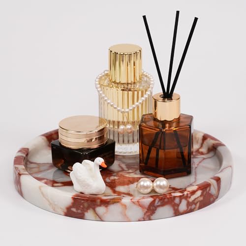 Marble Perfume Jewelry Tray - Stone Trinket Ring Key Purse Holder Dish, Round Plate Decorative Bowl for Nightstand Entryway Coffee Table Decor (7.9 inch) - color: Round-Red