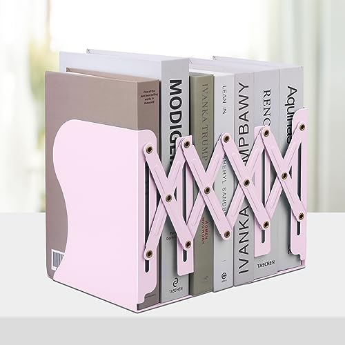Honagu Adjustable Bookends, Metal Book Ends for Shelves Heavy Book, Desk Magazine File Organizer for Home, Office, Books, Papers, Extends up to 19 inches (Macaron Pink) - color: Macaron Pink