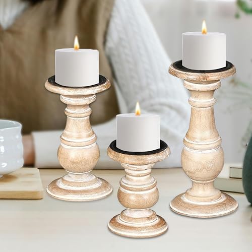 The Wooden Town White Wash Candle Holder Set of 3 – 10", 8", 6" Rustic Pillar Stands – Turned Wood Columns for Home Decor, Weddings, Spa, Parties – Country Farmhouse Style - color: White Wash, size: 6"+8"+10" - High