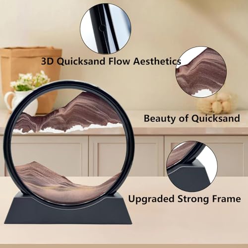 Moving Sand Art Liquid Motion, 3D Deep Sea Sandscape Color Quicksand Decor, Round Glass Moving Sand Art Picture Relaxing Desktop Home Office Work Decor (7 inch-Coffee) - color: Coffee, size: 7 inch