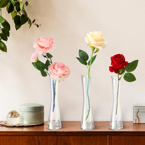 Lallisa 6 Pcs Glass Bud Vases for Centerpieces Maria Modern Clear Small Skinny Decorative Single Flower Bud Vase for Wedding Party Event Home Office Decoration(7.87 Inch,Iridescent) - color: Iridescent, size: 7.87 Inch