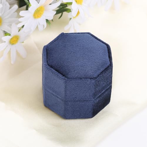 WantGor Velvet Ring Box, 3 Slots Jewelry Ring Gift Box Vintage Ring Display Holder Case for Wedding Ceremony Proposal Engagement (Navy Blue) - color: Navy Blue