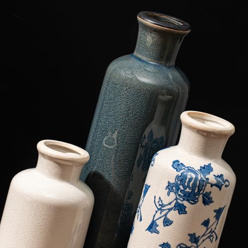 Vintage Ceramic Flower Vase Set of 3, Rustic Farmhouse Vase for Home Decor, Distressed Decorative Vase for Table Entryway Mantel Centerpiece Living Room Bathroom Bedroom (Blue and White) - color: 102-blue and White