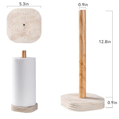 Natural Travertine Textures Standing Paper Towel Holder for Kitchen Countertop, Bathroom Toliet Paper Roll Holder with Weighted Base and Sturdy Wood Stand,for Standard or Plus Rolls, Height-Adjustable - color: Yellow Stone