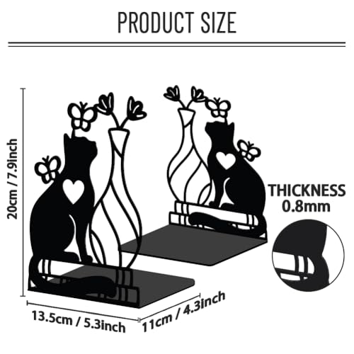 WADORN 1 Pair Cute Cat Flower Metal Decorative Bookend for Shelves, Heavy Duty Book Ends Modern Non-Skid Books Holder Stand Black Book Support Stoppers for Desk Bookshelf Office Home, 5.3x4.3x7.9 Inch - color: Vase Cat Flower