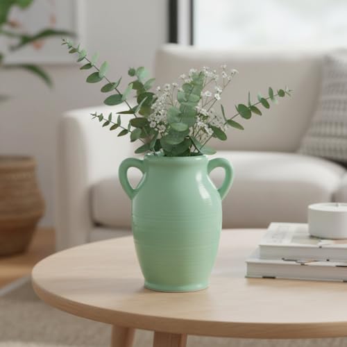 Sunddo Green Ceramic Flower Vase for Home Decor - 8 Inch Modern Decorative Vase with 2 Handles, Centerpieces, Kitchen, Dining Table, Bathroom, Shelf and Living Room - color: Mint Green - 8, size: 8 Inch