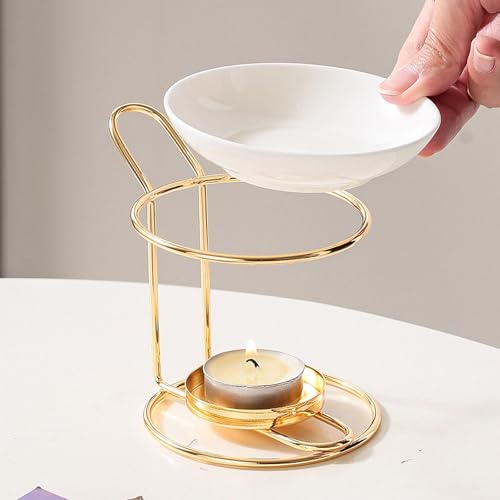 Qianly Essential Oil Burner Tealight Candle Holder, Fragrance Decoration Melt Burner, Oil Warmer for Bedroom, Gold - color: Gold&white(b)