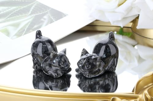 2" Black Labradorit Crystal Cat Decor Figurine Statue Natural Healing Crystals Stones Carved Office Room Decor Sculpture Cute Trinkets Statue Decoration Gemstones Gifts for Cat Lovers Women - color: Black-labradorit