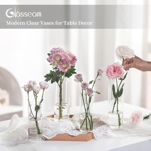 Glasseam Glass Cylinder Vase in Bulk: 12pcs Clear Small Bud Flower Vases for Centerpieces - Modern Hurricane Pillar or Floating Candle Holder for Wedding Party Table Living Room Home Decor, Tall 6"+7"