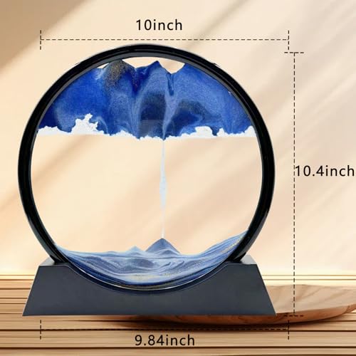 Moving Sand Art Liquid Motion, 3D Deep Sea Sandscape Color Quicksand Decor, Round Glass Moving Sand Art Picture Relaxing Desktop Home Office Work Decor (12 inch-Blue) - color: Blue, size: 12 Inch