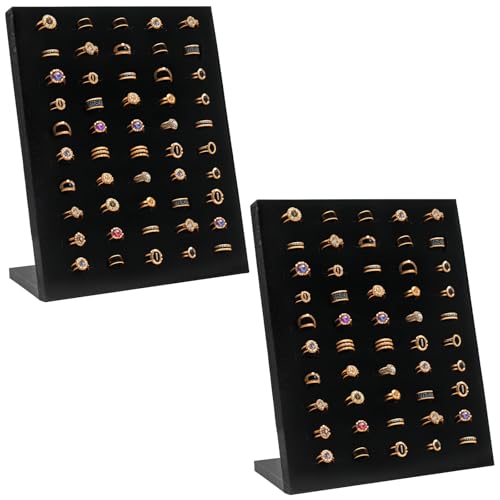 2 Pack Velvet Ring Display Stand, 50 Slots Ring Organizer Jewelry Display Tray, L-Shaped Holder Display for Selling Earrings, Black