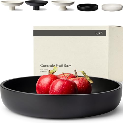 KIVY Concrete Fruit Bowl for Kitchen Counter - Large Decorative Bowl for Home Decor - Modern Key Bowl for Entryway Table - Concrete Bowl - Decorative Bowls for Home Decor - Black Fruit Bowl Decor - color: Black, style: Flat