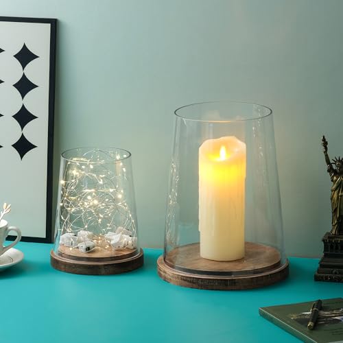 Set of 2 Glass Hurricane Candle Holders with Handmade Sturdy Glass Sleeves and Vintage Natural Wood Base for Pillar Candle & Plants, Industrial, Farmhouse, Display Cloche Bell Jars, Table Centerpiece - color: Vintage Natural, size: Set of 2