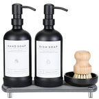 [Luxury] Kitchen Soap Dispenser Set - 16OZ Black Glass Bottle, Stainless Steel Pump, Instant Dry Tray, Waterproof Labels, Non-Slip Silicone Pad, and Dish Brush | Upgrade for Your Kitchen and Bathroom - color: Black Bottle + Black Pump