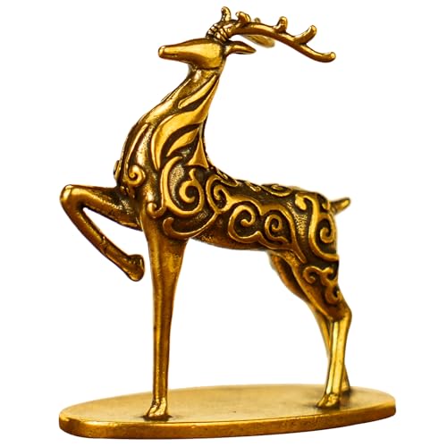 Solid Brass Deer Figurine with Auspicious Cloud Patterns, Retro Desktop Decor, Collectible Figurines, Handcrafted Art Deco Sculpture for Office Desk, Home Decor, Lucky Symbol Ornament - style: Lucky Cloud Deer