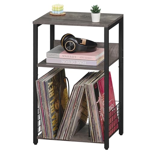 LELELINKY 3 Tier End Table,Record Player Stand with Storage Up to 100 Albums,Turntable Stand for Vinyl, Light Gray Records Shelf for Living Room Bedroom - color: Light Grey, size: Medium