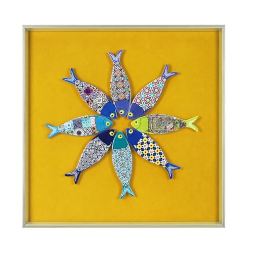 FOLKOR LIFE Vintage Wall Art Decor, Framed Wall Sculptures Art with Embossed Intricate Fish Design for Home Decor, Dining Room Décor, Coffee Shop, Housewarming Gifts for New Home, 8.1 * 11.2" - color: White & Yellow- Fish