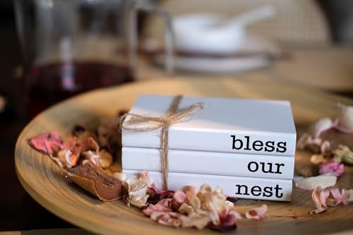 Mini White Decorative Books for Tiered Tray Decor, Faux Books for Coffee Table Decoration, Farmhouse Wood Book Stack Shelf Decor - Bless Our Nest Sign - color: Bless Our Nest