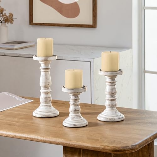 JFY Designs Hand Carved Solid Wood Candle Holder Set of 3 - Pillar Candle Holders Decorative Candlestick Holder for Home Décor, Wedding, Dinning, Party - color: White Wash