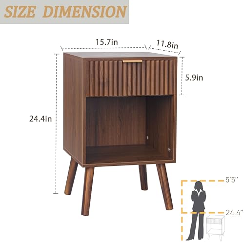 Fultyle Walnut Nightstand, Modern Night Stand with Fluted Drawer and Opening Storage, Wooden Bedside Table with Solid Wood Legs for Bedroom, Living Room, Office (Walnut Brown) - color: Walnut Brown