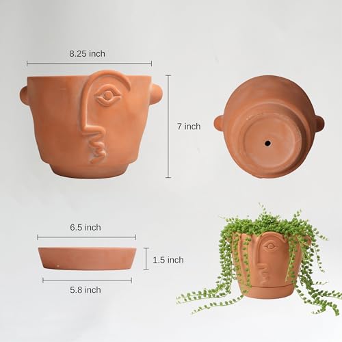 HERDUK 8 Inch Terracotta Abstract Face Planter with Drainage & Saucer – Large Artistic Statement Pot for Indoor & Outdoor Plants, Sculptural Boho Home Decor, Unique Art Gift - size: 8 Inch
