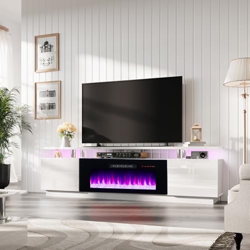 AMERLIFE Fireplace TV Stand with 40" Fireplace, 80" Modern Fireplace Entertainment Center LED Lights, 2 Tier TV Console Cabinet for TVs Up to 90", Ivory White - color: White & Black, size: 80"