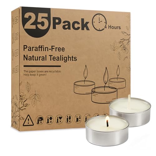 Ashlux Unscented Palm Tea Lights Candles 50 Pack Bulk, 4.5 Hours Long Burning White Tea Lights,Non-Paraffin, Smokeless, Mini Tealight Candles for Wedding, Christmas Lights, Party, Power Outages - size: 25 Pack, style: 4 Hours
