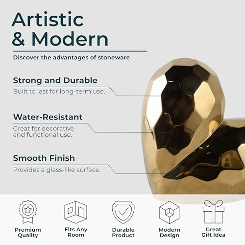 Decorative Ceramic Heart Sculpture for Home Decor - Ornament for Bathroom, Office, and Living Room Decor - Modern Figurine Accent for Bedroom, Shelf Display, and Coffee Table - 11", Gold & Metallic - color: Gold, size: 11x5x11