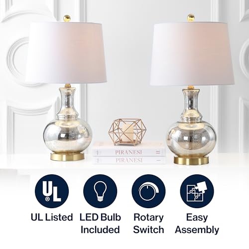 JONATHAN Y 25" Mercury Silver and Brass Gold Glass Table Lamp Set of 2 for Bedroom, Modern Bedside Lamp for Living Room Nightstand, White Linen Drum Shade, LED Bulb Included JYL1068A-SET2 - color: Mercury Silver