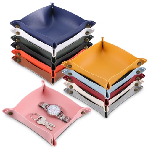 12 Pcs PU Leather Valet Tray, Foldable Catchall Organizer with Snap Buttons, Double Sided Key Tray for Entryway, Desk, Travel, Phone, Keys, Jewelry - 12 Colors - size: Large