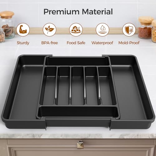 ukeetap Extra Large Expandable Silverware Organizer, BPA-Free Food-Safe Cutlery Flatware Organizer, Kitchen Utensil Drawer Organizer, Adjustable Silverware Holder for Spoons Forks Knives, Black - color: Black