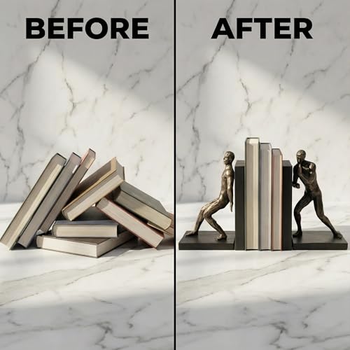 Comfy Hour 13" Bronze Modern Gymnastic Men Figurine Style Bookends, Heavy Duty Athlete Pushing Man Statue, Home Office Industrial Decor Pair - color: Gymnastic Men