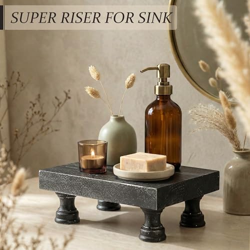 EOSAHR Stylish Rustic Pine Wood Riser Display Stand for Home Decor - Boho Pedestal Stand Can be used as Plant Stand & Cake Stand - Farmhouse Decor Bathroom Accessories Essentials(Old Black) - color: Old Black