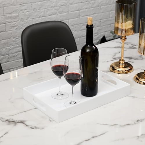 KEVLANG Glossy White Sturdy Acrylic Serving Tray with Handles-10x15Inch-Serving Coffee Appetizer Breakfast Butler-Kitchen Countertop-Makeup Drawer Organizer-Vanity Table Tray-Ottoman Tray - color: Glossy White, size: 15" x 10" x 2"