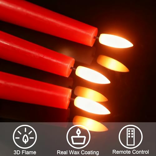 GenSwin Flameless Taper Candles, Set of 3 Red LED Taper Candles Battery Operated with Remote Timer, Real Wax Flameless Candlesticks with 3D Flame for Home Wedding Party Holiday Decor (0.78” x 9.65”) - color: 3-Red