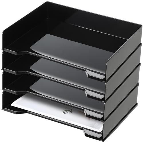 DoubleFill 4 Pcs Stackable Letter Tray Rectangular Plastic Desk Organizer 13 x 9.5 x 2.6 in Paper Holder File Tray Accessories Rack for Desktop Office Desk Drawers (Black) - color: Black