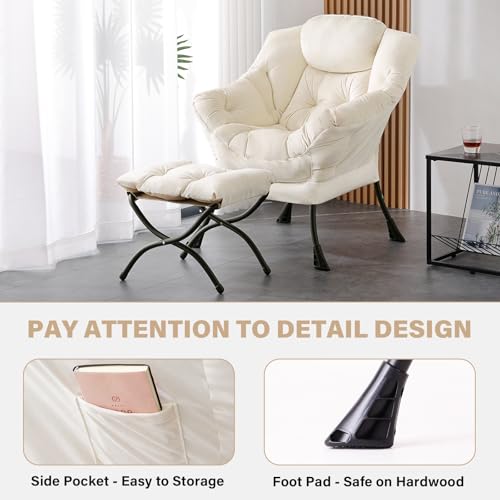 Tiita Lazy Chair with Ottoman, Beige Modern Large Accent Chair, Comfy Leisure Sofa Armchair with Ottoman, Reading Chair with Footrest for Bedroom, Living Room, Dorm Rooms, Velvet Beige - color: Beige