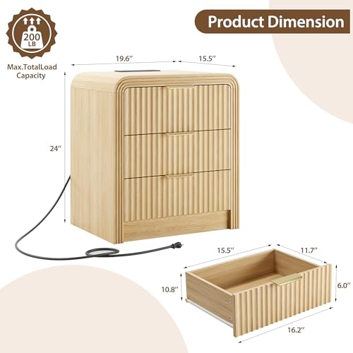 Decofy Fluted Nightstand with Charging Station, Modern Bedroom Side Table with Gold Handles, Curved Profile Design, End Table Wood Organizer for Bedroom, 19.7" & 3 Drawers (1 Pack, Natural Oak) - color: Natural Oak, size: 3 Drawer( 15.5"D x 19.6"W x 24"H)