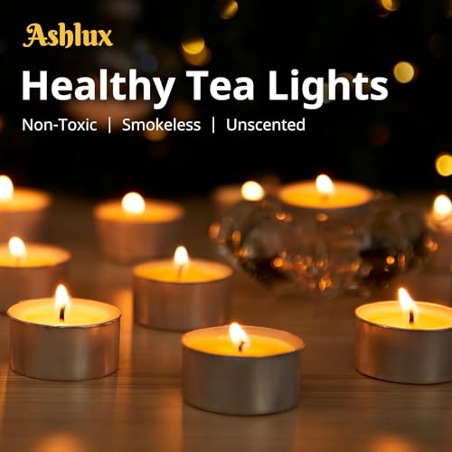 Ashlux Unscented Palm Tea Lights Candles 100 Pack Bulk, 4.5 Hours Long Burning White Tea Lights,Non-Paraffin, Smokeless, Mini Tealight Votive Candles for Wedding, Christmas Lights, Party, Christmas - size: 100 Pack, style: 4 Hours