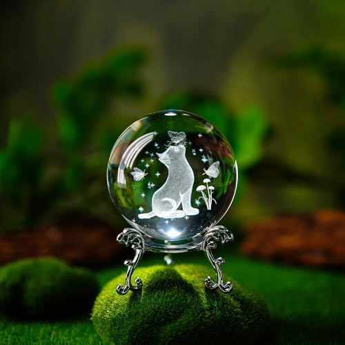 3D Glass Cat Crystal Ball with Stand 60mm Decorative Cats Figurine Paperweight Crystal Sphere Home Officce Table Decor Gifts for Cat Lovers - color: Cat