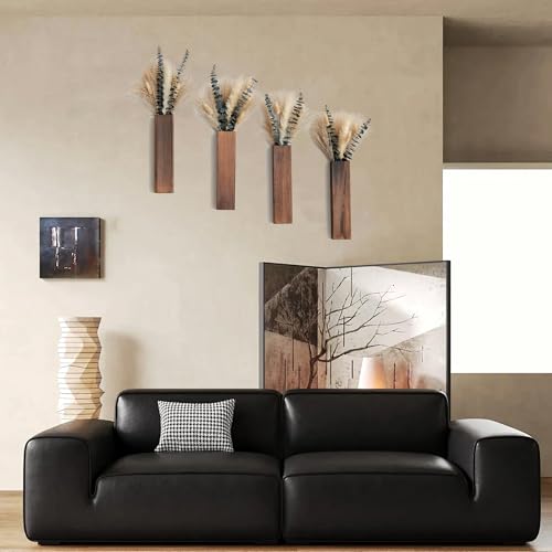 Wall Vase Set of 4 – Wooden Hanging Vases with Pampas Grass & Eucalyptus Dried Flowers – Modern Farmhouse Home Decor for Living Room, Entryway, Bathroom, Hallway & Dining Room - style: B