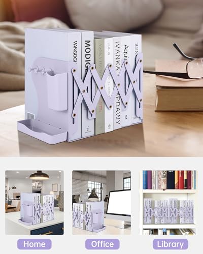 Honagu Adjustable Bookends, Metal Book Ends for Shelves Heavy Book, Bookend for Home, Office, Books, Papers, Book Stopper with Removable Hook, Pen Holder, Gifts for Students, Teachers（Light Purple） - color: Light Purple