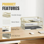 DALTACK 3 Tier Paper Organizer with Handle, Mesh Metal Desk Organizer with Sliding Paper Trays for Letter/A4 Paper, Mail, Bills & Folders, Yellow - color: Golden Yellow