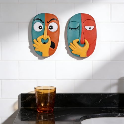 oliruim Funky Wall Decor Sculptures Set of 2 - Holding Her Nose Modern Abstract Colorful Bathroom Wall Art Face Sculptures for Living Room, Office, Entrance or Hallway, Contemporary Decor - 9.1" Tall