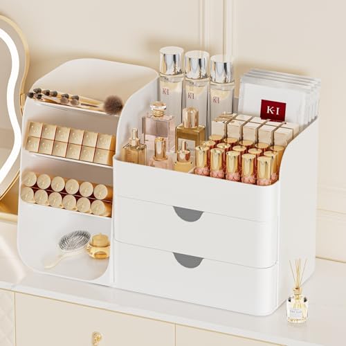 Booklov Makeup Organizer for Vanity, Countertop Cosmetic Display Case with Drawers, Bathroom Counter Beauty Caddy, Comfyroom Table Storage Holder for Skincare, Brush Eyeliner Eyeshadow Lipstick, White - color: White, size: M01