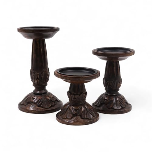 Hosley Set of 3 Dark Brown Wood Pillar Candle Holders 8 Inches 6 Inches and 4.25 Inches High Ideal for LED and Pillar Candles Gifts for Weddings Party Home Spa Reiki Aromatherapy - color: Dark Brown 2