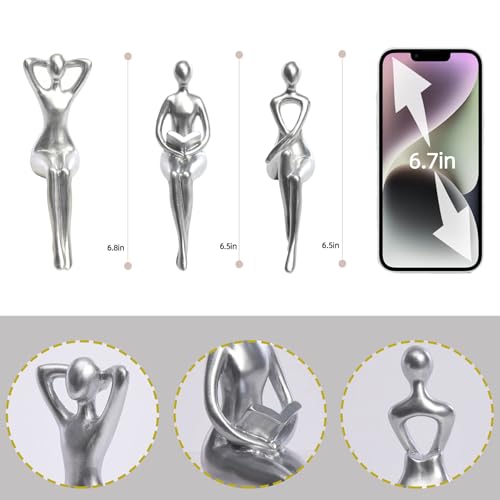 Quoowiit Thinker Statue Office Desk Decor, Silver Art Sculpture Ornament Coffee Table Bookshelf Decor Modern Home Unique Home Decorations for Living Room 3 Piece - color: Silver
