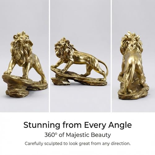 Gold Lion Statue for Home Decor - 8.7" Modern Resin Climbing Lion Sculpture - Luxury Office Desk Accessories & Motivational Gifts for Men (Polished Gold Finish)
